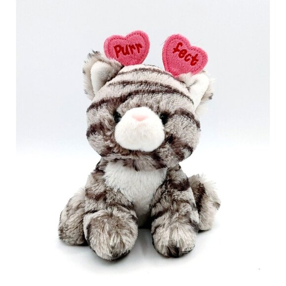 Aurora Striped Grey Plush Cat 6" Stuffed Animal Hearts Purrfect Beanbag Bottom - Picture 1 of 4